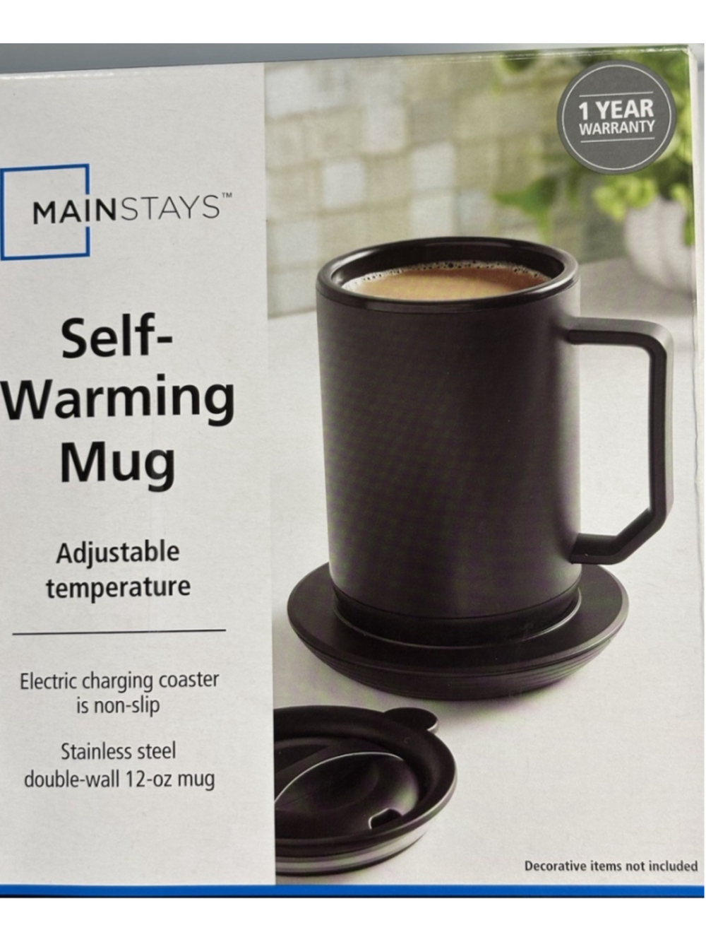 Mainstays Self-Warming Mug Matte Black Heated Coaster Desk Office Gift NIB 12oz